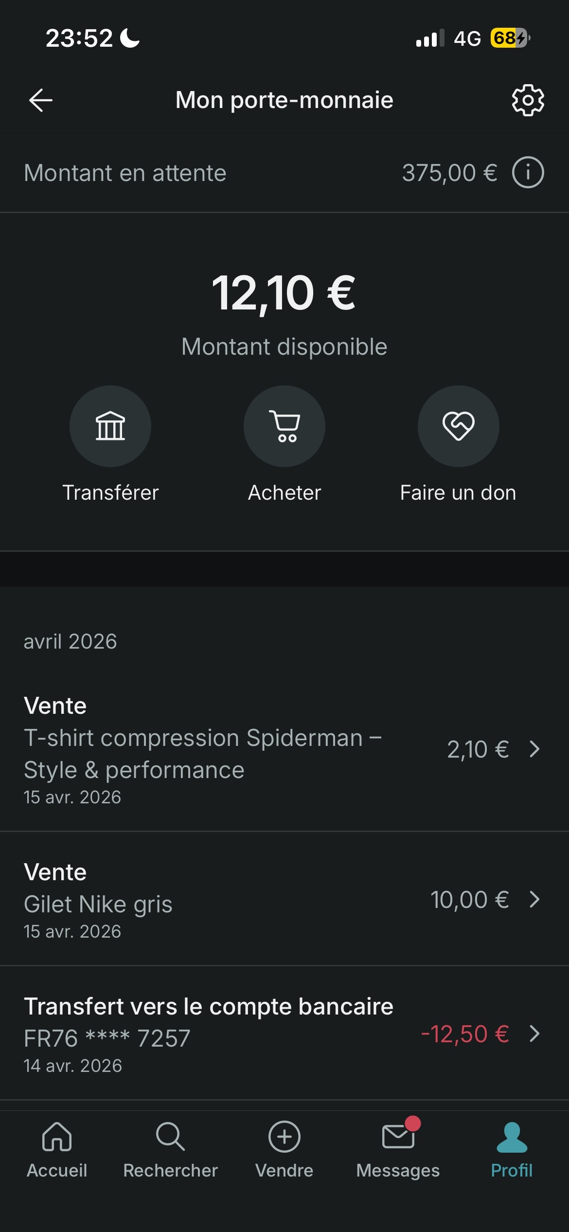 App Vinted iOS — 375€ en attente