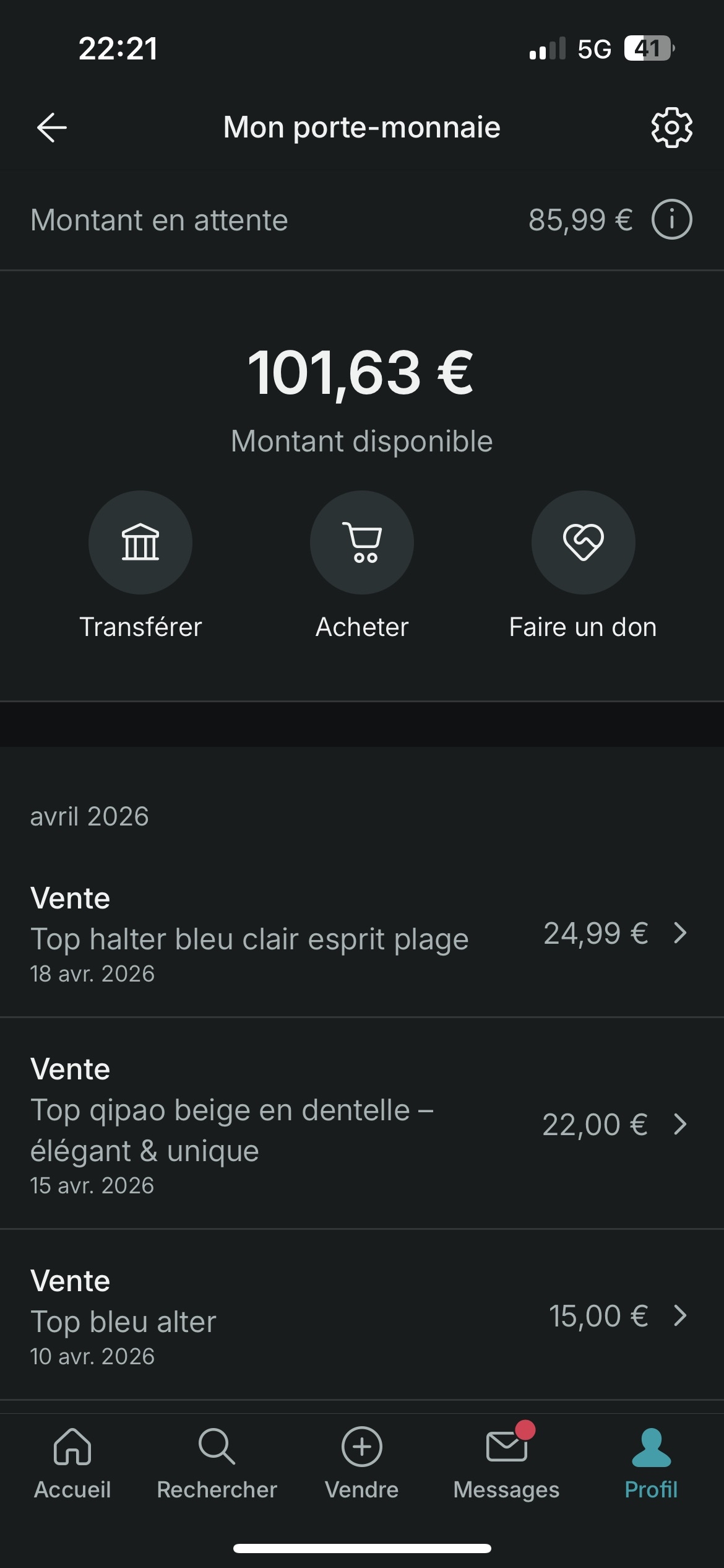 App Vinted iOS — 101€ disponible