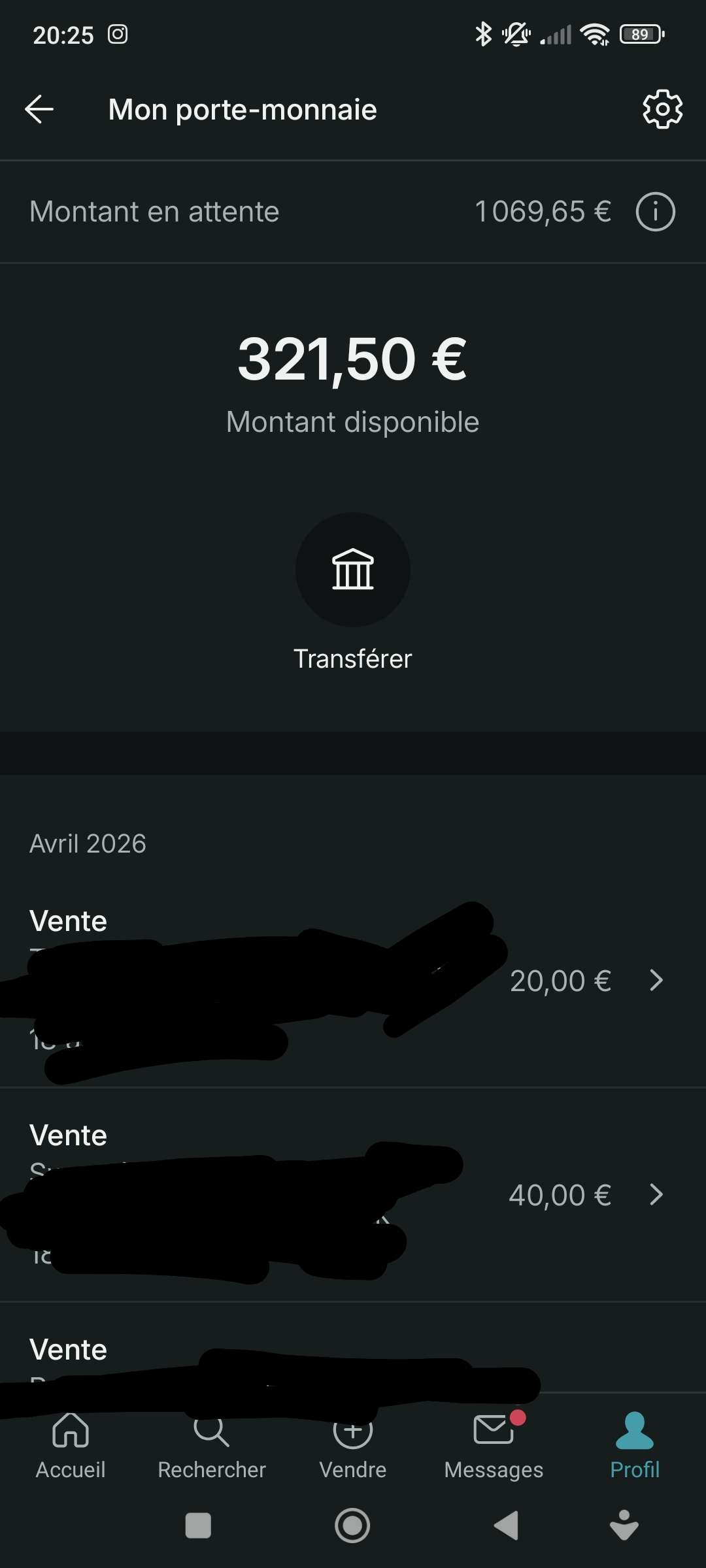 App Vinted — 1 069€ en attente, 321€ disponible