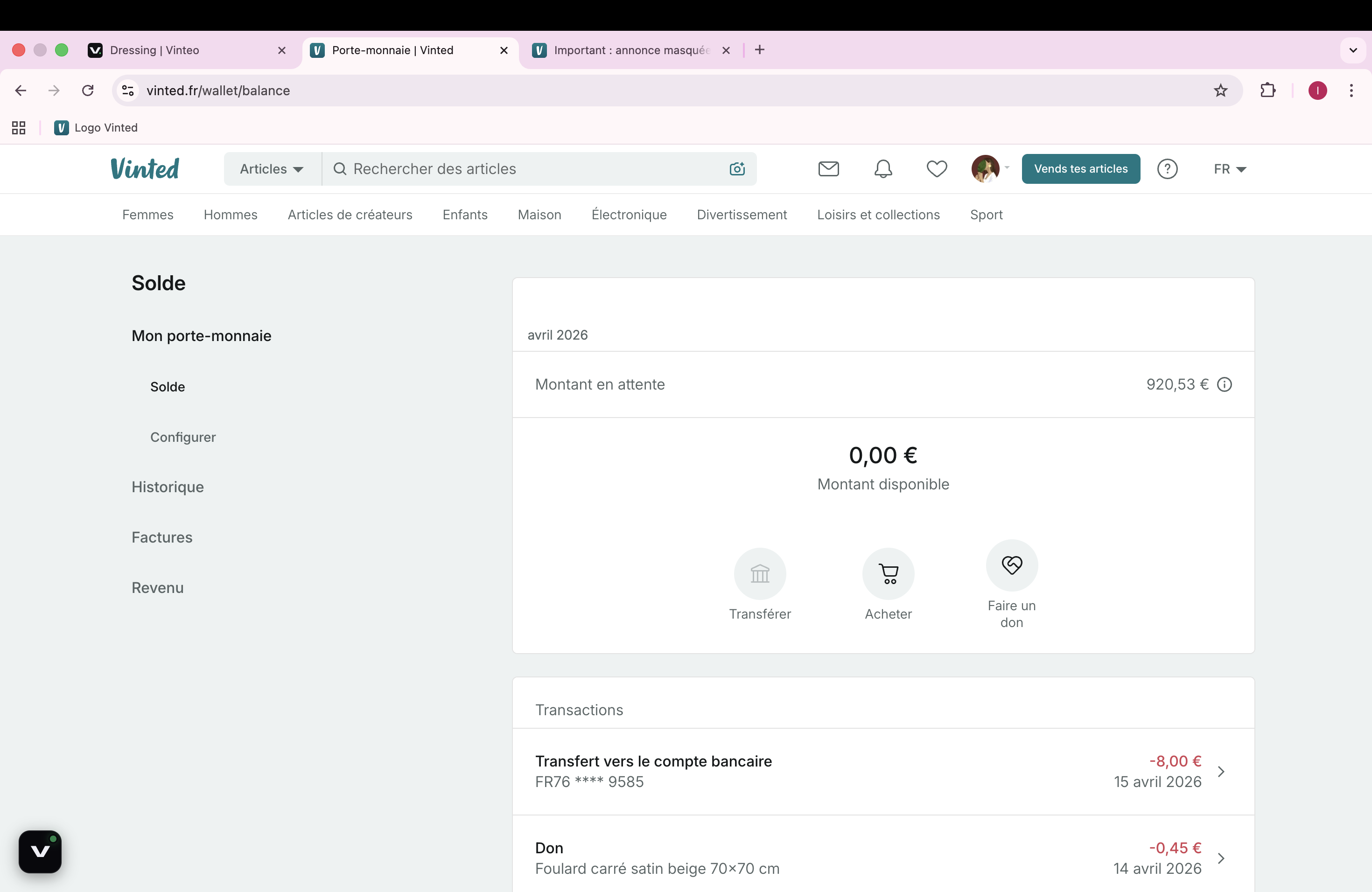 Vinted desktop — 920€ en attente