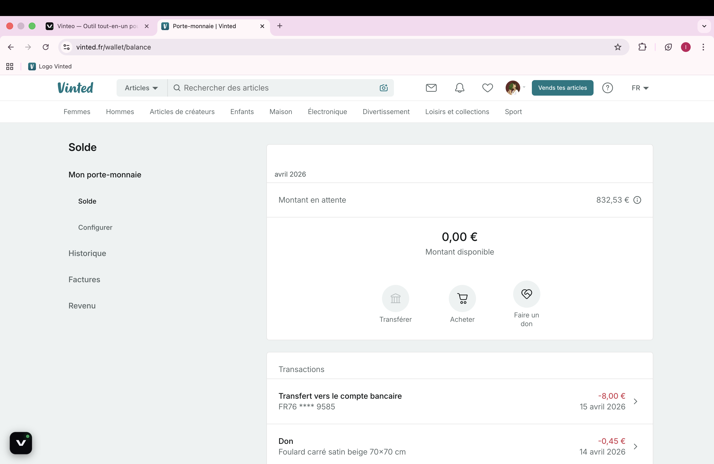 Vinted desktop — 832€ en attente