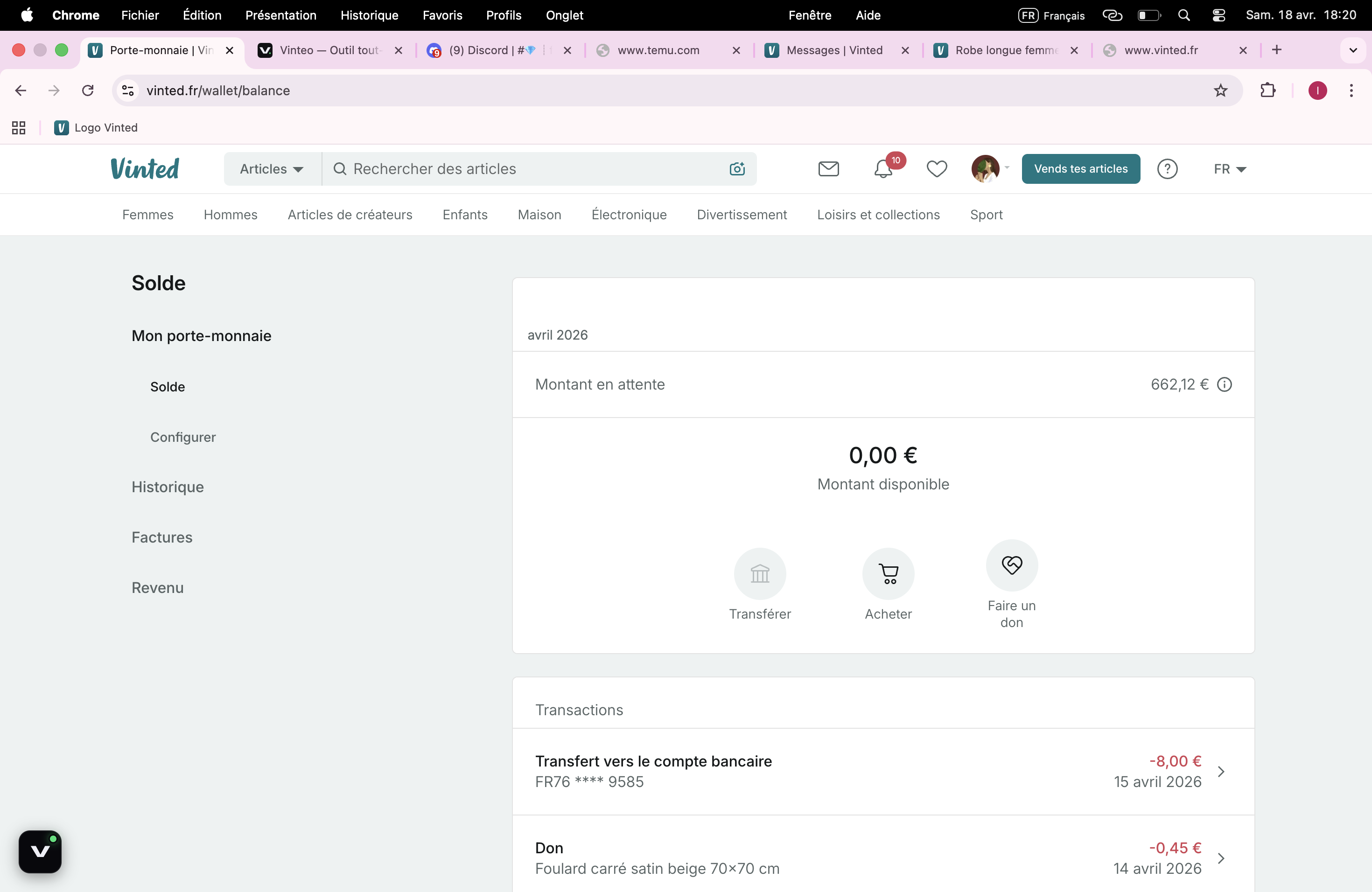 Vinted desktop — 662€ en attente